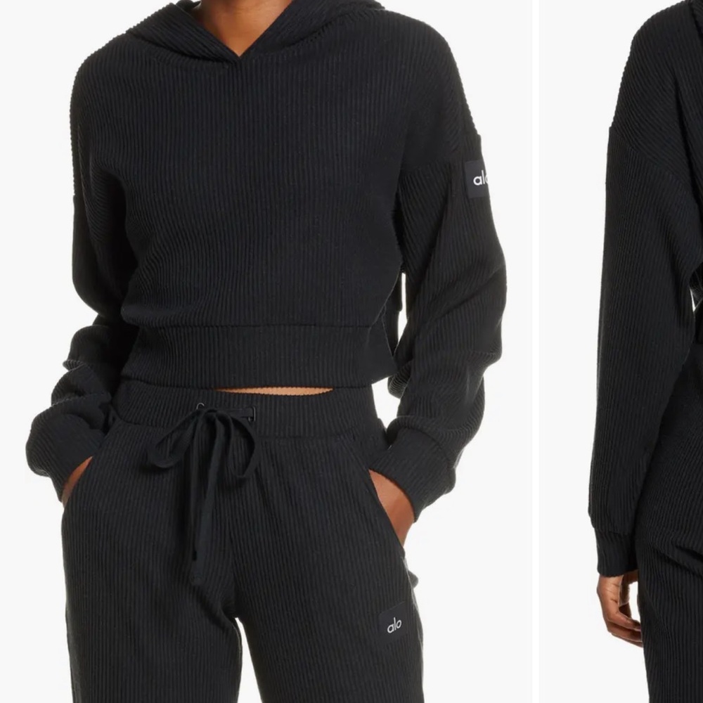 ALO Yoga Black Ribbed Hoodie and sweatpants